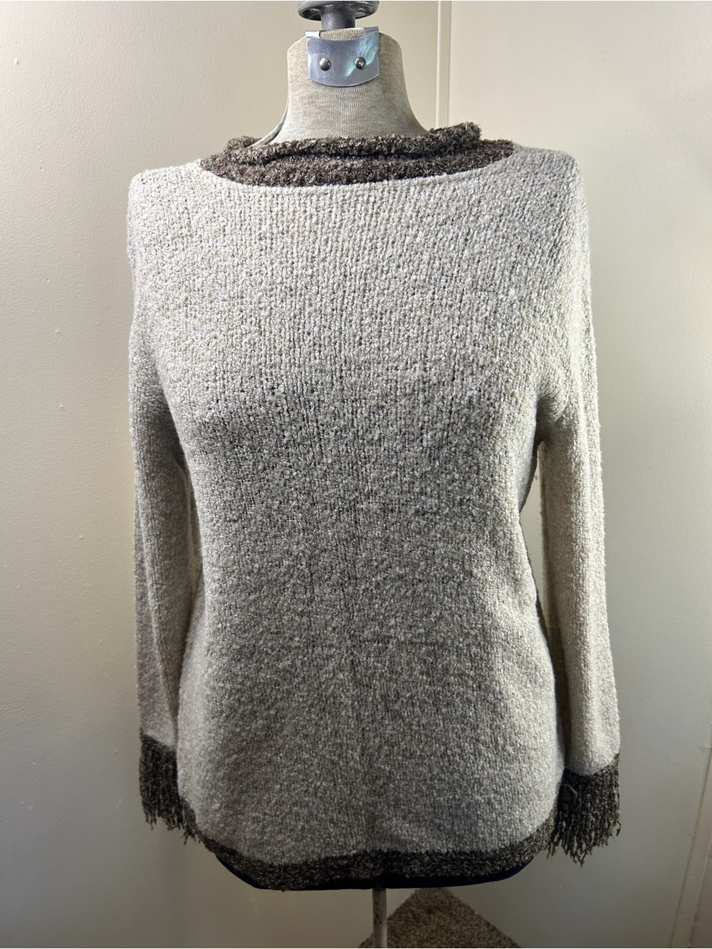 Beige Long Sleeve Sweater w/Brown Trim & Fringes on Sleeves
